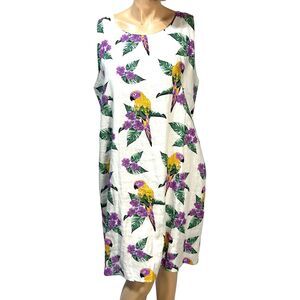 28 Palms Tropical Birds 100% Linen Sleeveless Dress Size XXL Macaw Partots